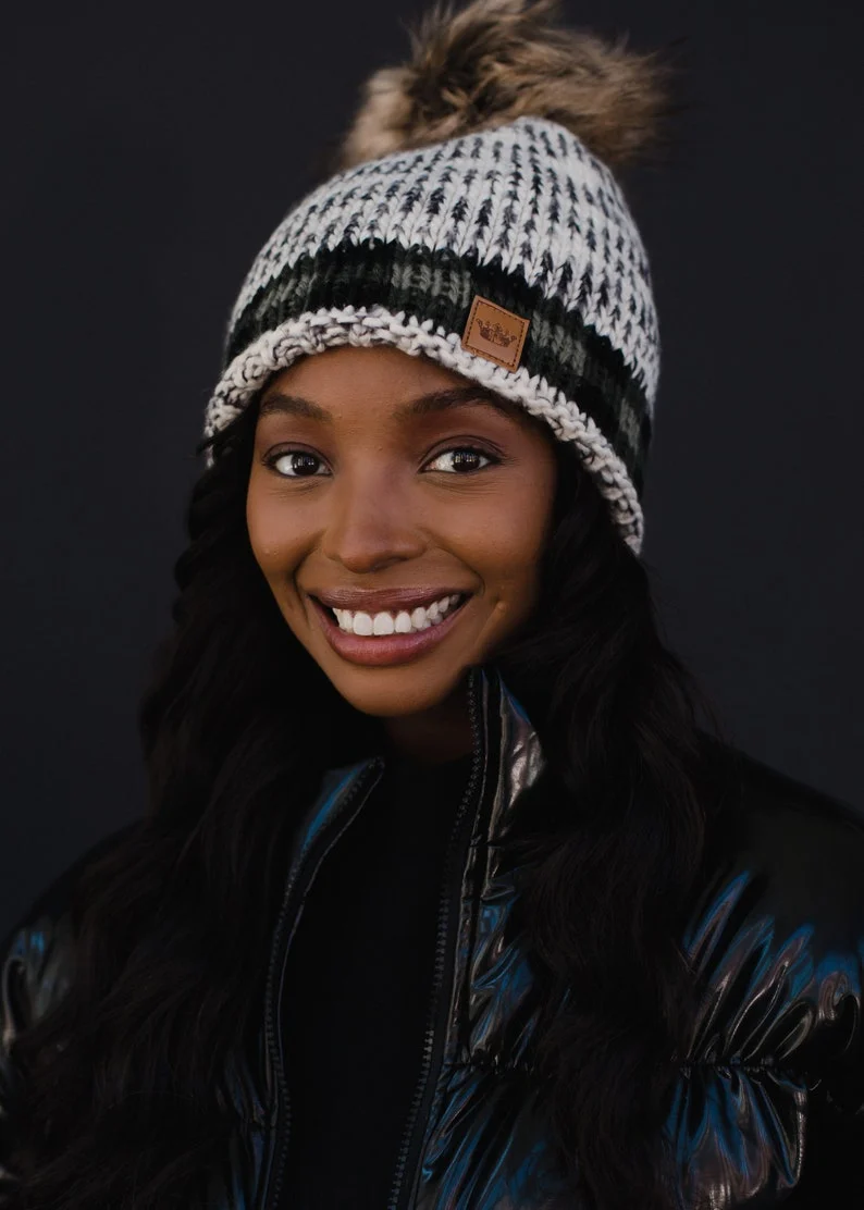 Cozy Fleece Lined Beanie with Faux Fur Pom and Plaid Trim - Image 3