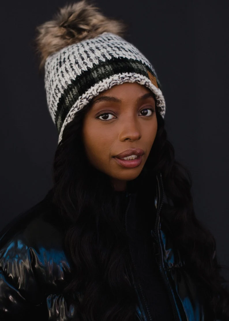 Cozy Fleece Lined Beanie with Faux Fur Pom and Plaid Trim - Image 4