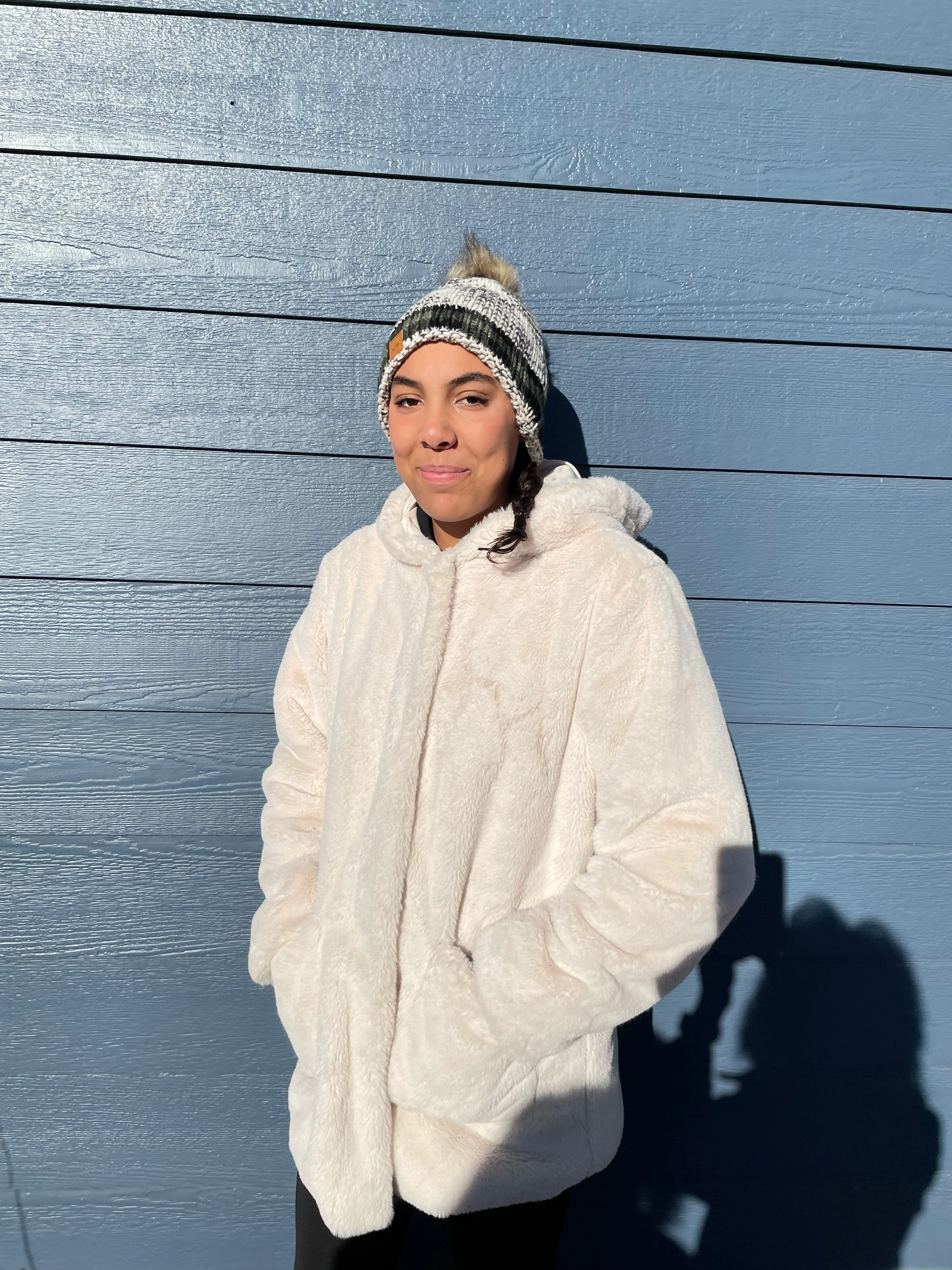 Cozy Fleece Lined Beanie with Faux Fur Pom and Plaid Trim - Image 7