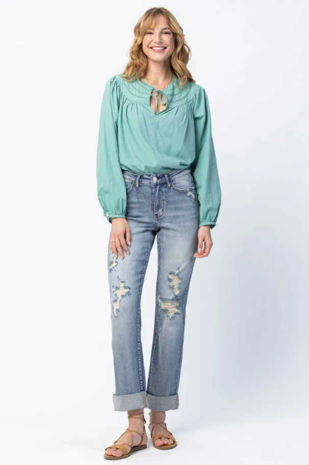 Judy Blue 88440 High Waist Distressed Cuffed Boyfriend Jeans