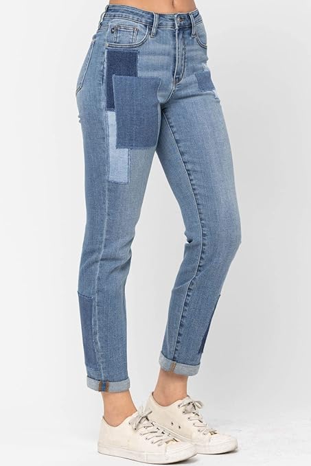 Judy Blue High Waist Awesome Patch Double Cuffed Boyfriend Jeans 88499 - Image 3