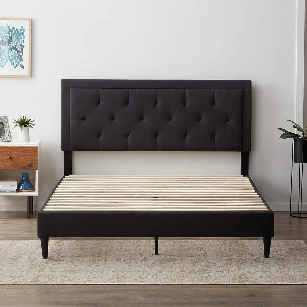 LUCID Upholstered Queen Platform Bed Frame with Headboard - Charcoal - Image 3